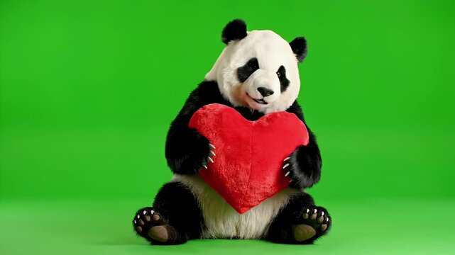 Panda Holding Heart Pillow on Green Screen - A person in a panda bear costume sits and holds a red heart shaped pillow. The background is a vibrant green screen.