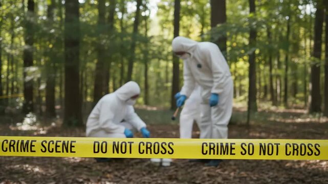 Detectives in protective suits gathering evidence and samples with forensic tools at a crime scene in the woods, with yellow do not cross tape restricting the area from public access