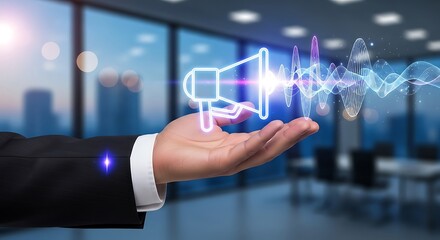 A glowing hand presents a neon megaphone with sound waves symbolizing communication and modern broadcasting concepts
