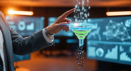 A professional interacts with a digital funnel representing data analysis and processing in a modern technology environment