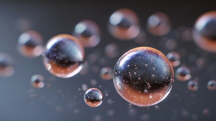 ro view of translucent fluid spheres filled with tiny bubbles reflecting vibrant colors on a dark surface