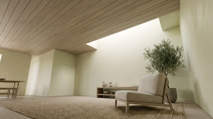 Bright and serene modern living room interior with minimalist design, abundant natural light from a large skylight, and elegant, natural aesthetic