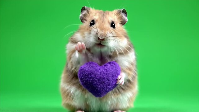 Hamster Holding a Purple Heart - A cute brown and white hamster holds a purple, heart-shaped pillow in its paws against a green background.