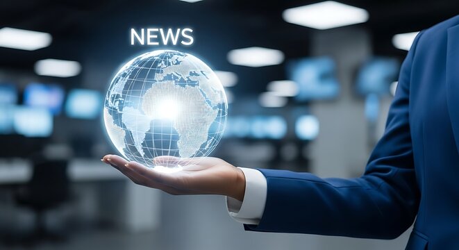 A businessman holding a glowing globe with the word news displayed symbolizing global information and current events