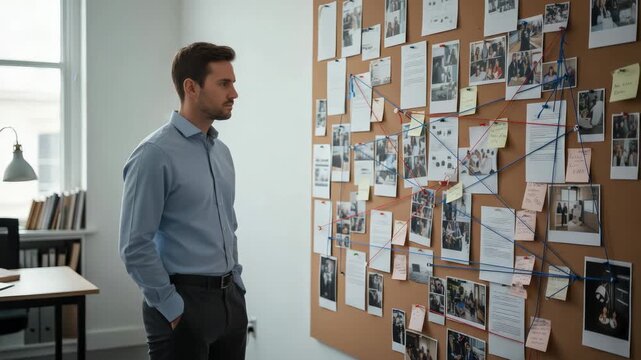 Thoughtful police detective or investigator looking at a crime board with photos, notes, and evidence connected by strings, working on a homicide case in a modern office or police station