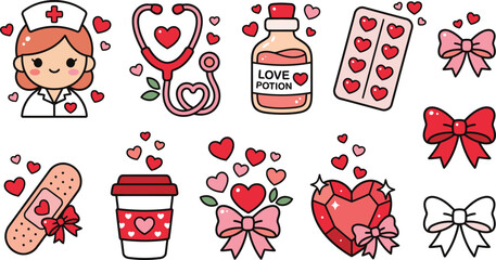 Kawaii Nurse and Valentine Medical Clipart Set with Heart Stethoscope, Love Potion, and Cute Icons