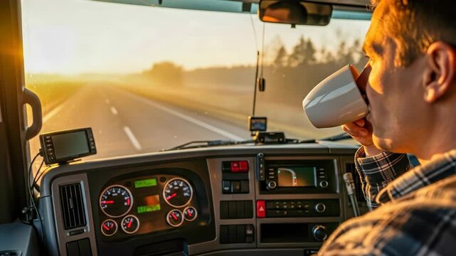 Male truck driver drinking from white mug while driving at dawn, long haul transportation and journey.