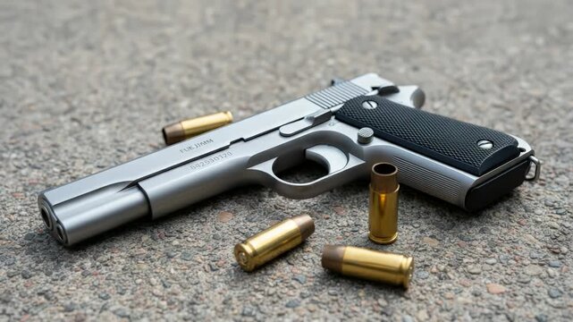 Silver handgun lying on the asphalt ground of a street, surrounded by several spent shell casings and bullets, suggesting a recent shooting, crime scene investigation, or illegal firearm activity