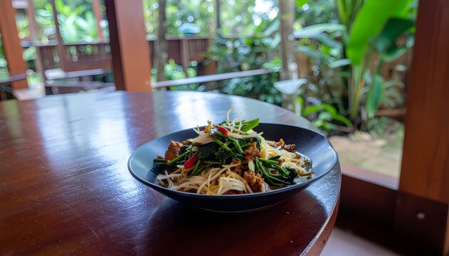 Indonesian-style stir-fried bean sprouts with leafy greens, chili, and savory seasoning, served on a black plate over a wooden table with natural outdoor background, highlighting a healthy Asian veget