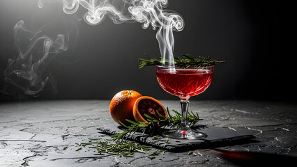 Smoking Red Cocktail Garnished with Rosemary and Orange