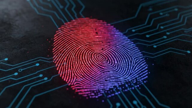 Digital fingerprint analysis on a high tech circuit board background, representing biometric authentication, cybersecurity concepts, forensic science, and criminal investigation data processing