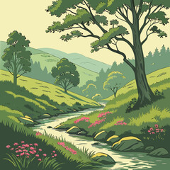 Fototapeta premium Serene valley landscape with flowing stream trees and pink flowers