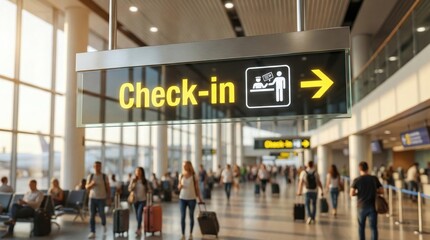 Airport check-in signboard with crowd of passengers in modern terminal, symbolizing international travel, vacation, departure procedures and transportation infrastructure