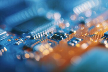 Close-up of a blue and orange circuit board with microchips and electronic components