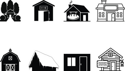 A collection of eight black and white house and building icons with trees
