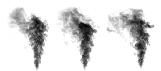 Abstract black smoke plume isolated on white background, rising vapor cloud with flowing motion. Concept of pollution, danger, mystery, energy, disaster, fire smoke, and dramatic atmospheric design. © wasan