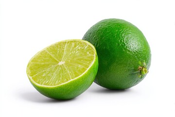 Fresh whole and halved lime on white background showing vibrant green color