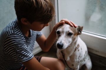 Young caucasian male child comforting dog by window in striped shirt