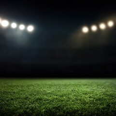 Naklejka premium Empty soccer field illuminated by bright stadium lights at night