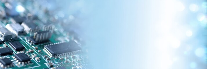 Macro view of electronic circuit board with microchips and components