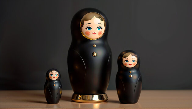 Elegant black matryoshka dolls with golden accents displayed on a wooden surface against a dark background