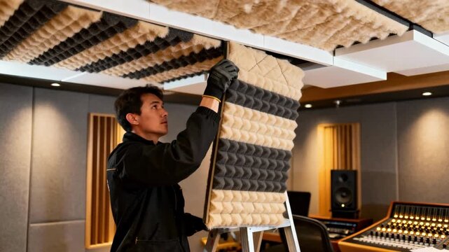 Technician layering soft acoustic quilts on ceiling panels to reduce echo and enhance audio quality in a professional music studio.