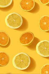 Fototapeta premium Vibrant halved oranges and lemons on bright yellow background