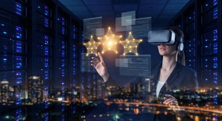 Woman in vr headset interacting with data stars