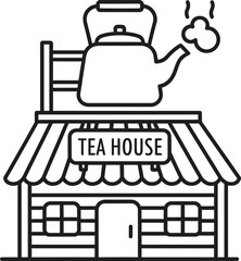 A quaint tea house with a teapot on the roof pouring steaming hot tea