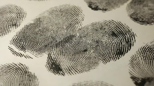 Black ink fingerprints appearing on a white surface, a powerful conceptual representation of crime, investigation, identity, and forensic science in modern law enforcement and security