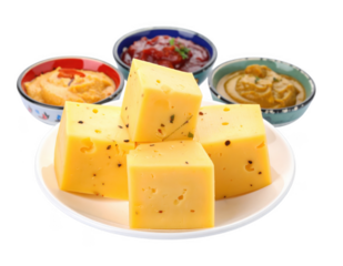 close-up of cheese with small bowls for iftar, isolated on white background