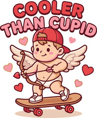 Cooler Than Cupid Cartoon Illustration of a Cute Cupid Riding a Skateboard for Valentine's Day