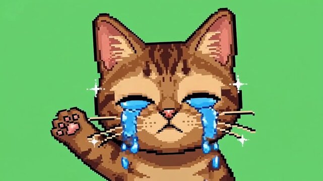 Crying cat with tears and sad expression on green background