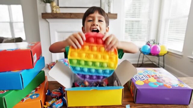 Excited young boy unboxes a colorful sensory fidget toy and candy from surprise gift boxes