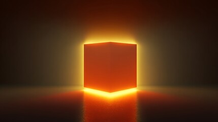 Glowing orange cube with soft lighting and dark background creating a mysterious and futuristic atmosphere with reflections