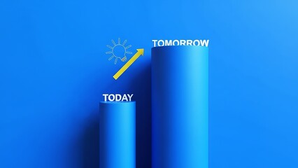 Obraz premium Yellow arrow points from 'TODAY' on shorter blue cylinder to taller 'TOMORROW' cylinder, with lightbulb icon symbolizing innovation