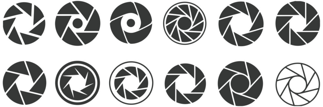 Camera lens diaphragm, including shutter icons, camera diaphragm symbols, vector illustration 