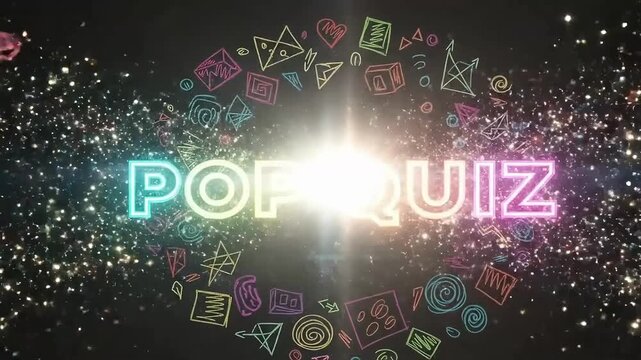 Vibrant pop quiz neon sign with colorful geometric shapes