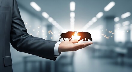 A businessman carefully cradles miniature bull and bear statues in his open palm symbolizing market volatility