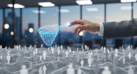 A hand reaches toward a glowing digital funnel above a network of small human figures illustrating data filtering