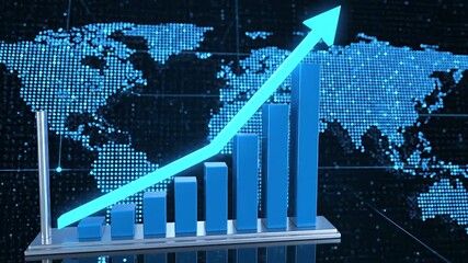 Dynamic 3D bar chart with a prominent glowing arrow illustrating significant global economic growth and financial market success against a digital world map background symbolizing international busin. - Powered by Adobe