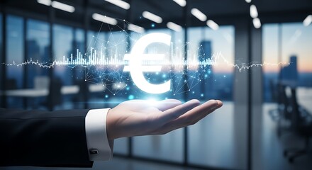 A hand presenting a glowing euro symbol superimposed on a financial graph within a modern office setting