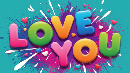 Vibrant colorful typography with love you message and hearts