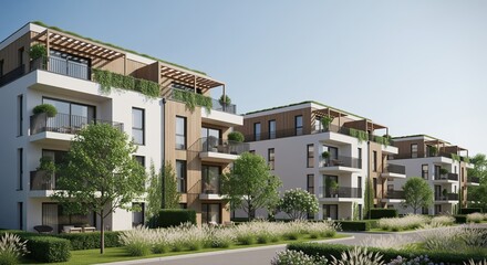 Modern residential complex featuring clean white and brown apartment buildings with balconies and rooftop gardens. Green spaces and trees surround the structures, creating a pleasant living area.