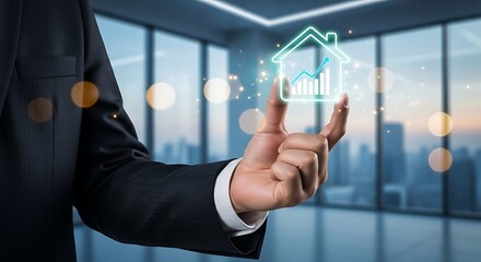 A businessman interacts with a glowing digital house icon superimposed over a city skyline representing real estate technology