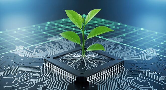Green plant with roots growing from a computer chip on a circuit board. Shows the blend of nature and technology. Perfect for sustainability, green computing, and eco-friendly innovation projects.