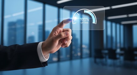 A hand interacts with a transparent digital interface displaying a one hundred percent completion progress bar in a modern office