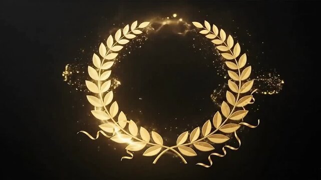 Golden laurel wreath with glowing light on black background