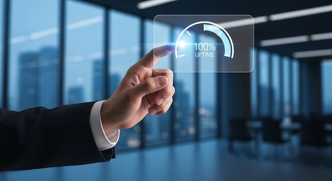 A hand interacts with a transparent digital interface displaying a one hundred percent completion progress bar in a modern office - Powered by Adobe