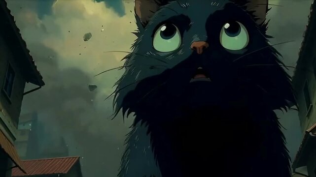 Chat noir qui court dans une ville en ruine